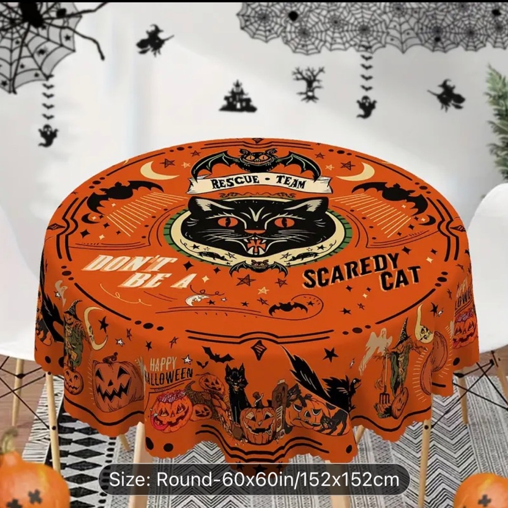 Vintage style Black Cat Halloween Tablecloth w/Pumpkins & Bats  60” round NIP